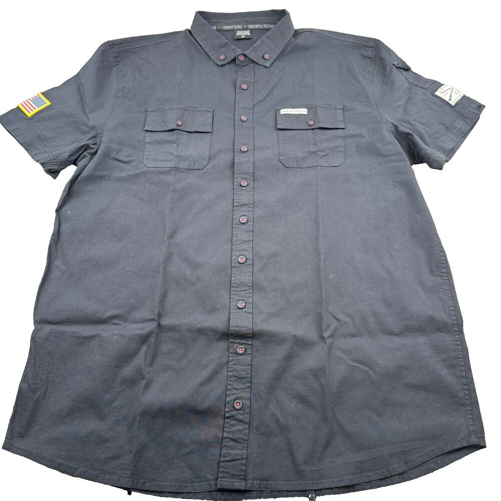 Grunt Style Short Sleeve Button Up Shirt Black Men's 2XL  USA Flag Stretch